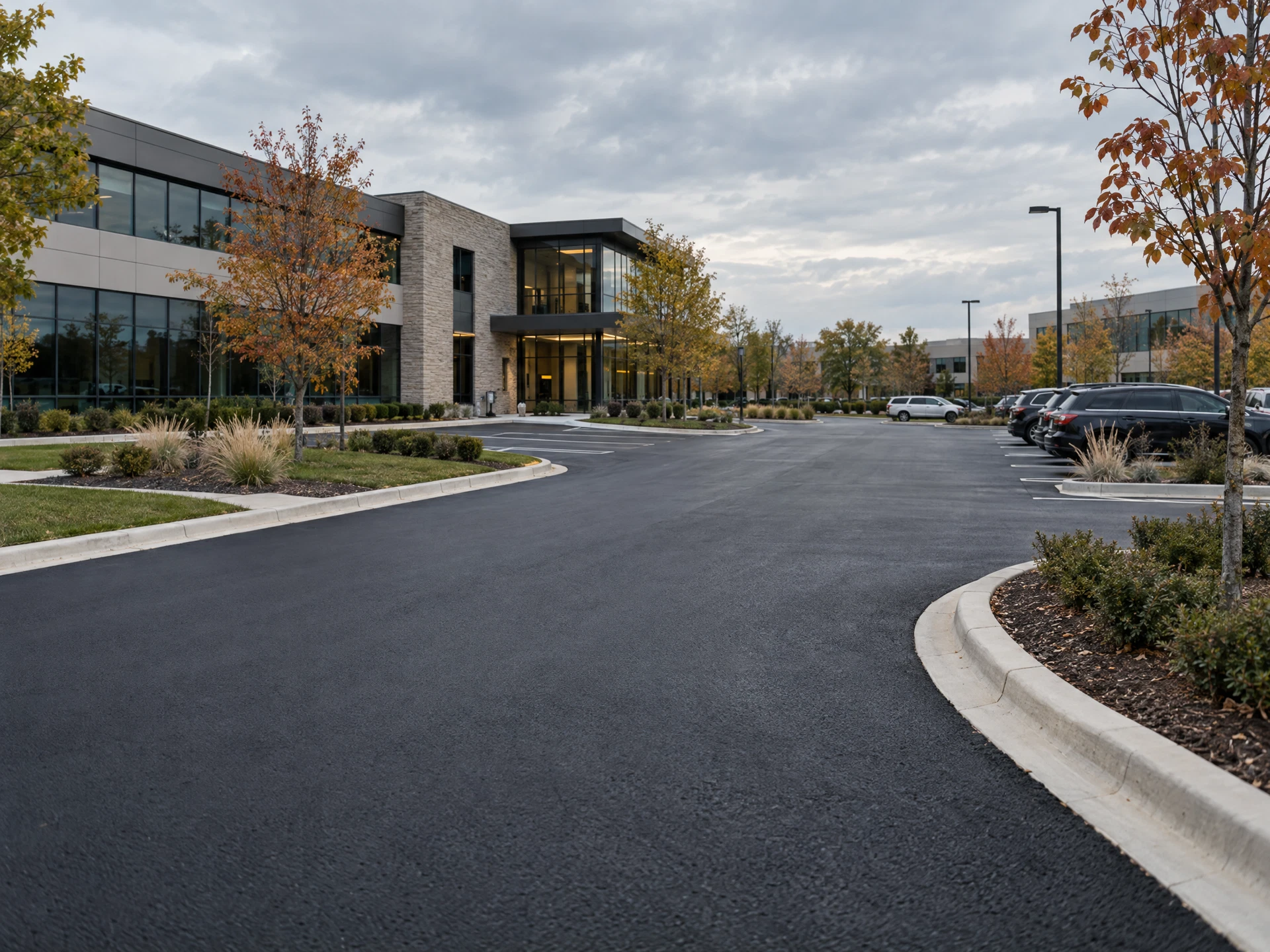 Newly resurfaced office campus drive